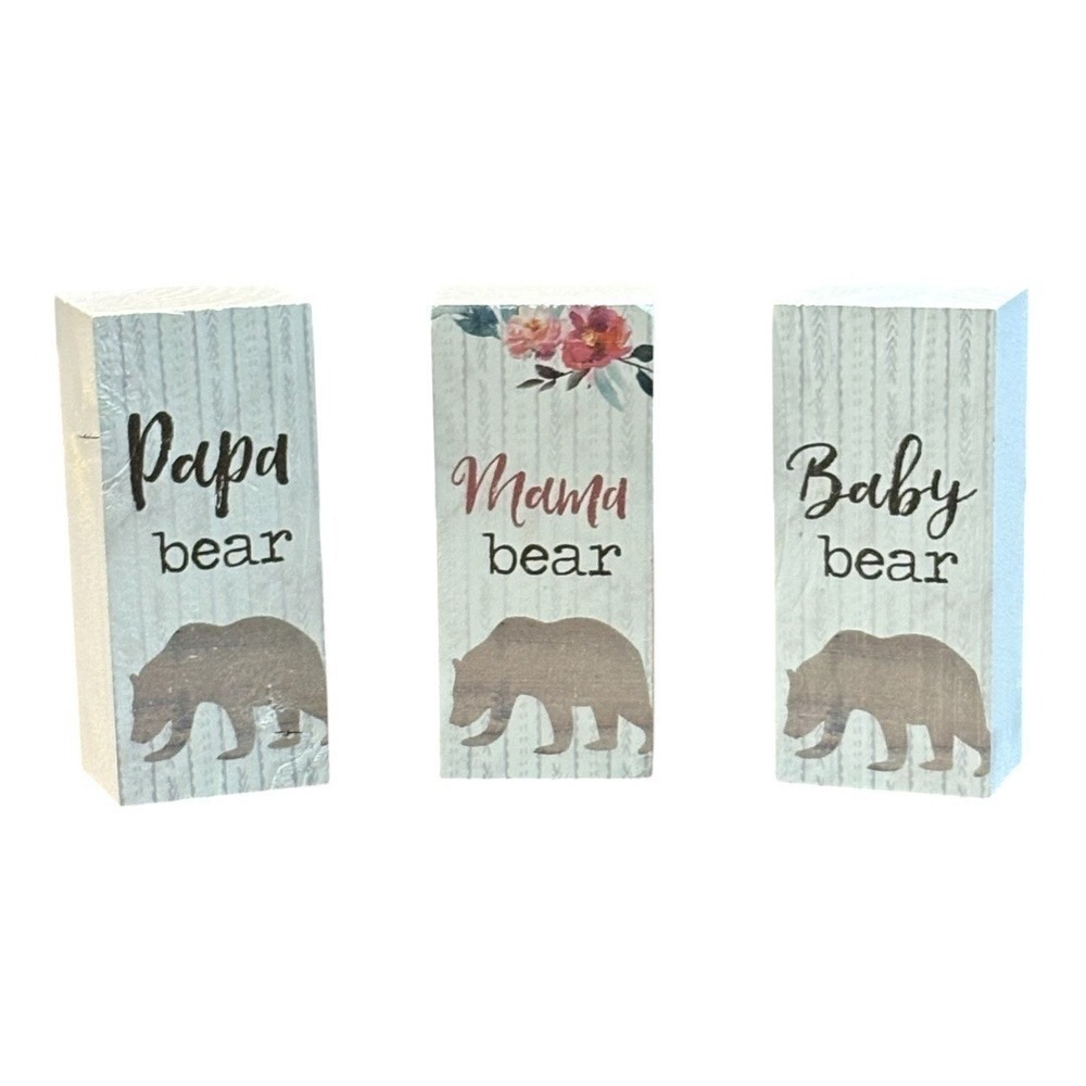 Bear Family Wooden Block Signs 3pc White Rustic Farmhouse Decor Cabin Core